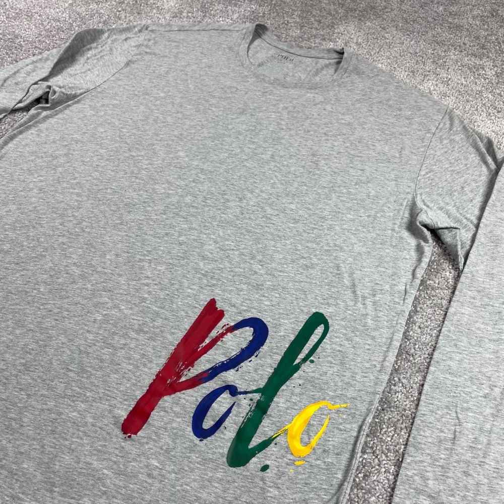 Polo Ralph Lauren T Shirt Mens Large Rainbow Logo Crew‎ Neck Long Sleeve Gray